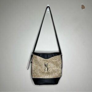 Steve Madden Black Faux Leather Trim Tan Straw Like Front/Back Long Strap Bag